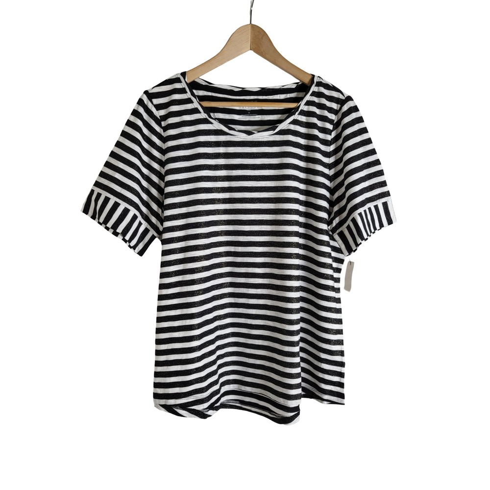 Talbots Tee Plus 1X Black White Metallic Striped Short Sleeve Cotton Modal Top